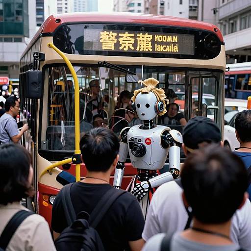 Photograph of a bustling city street with a crowd surrounding a red and yellow bus. Inside the bus, a white, humanoid robot with black buttons and