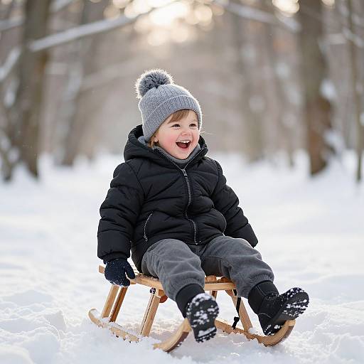 Photograph of a joyful toddler in a black puffer jacket, gray pants, and gray knit hat, sitting on a wooden sled in a snowy forest