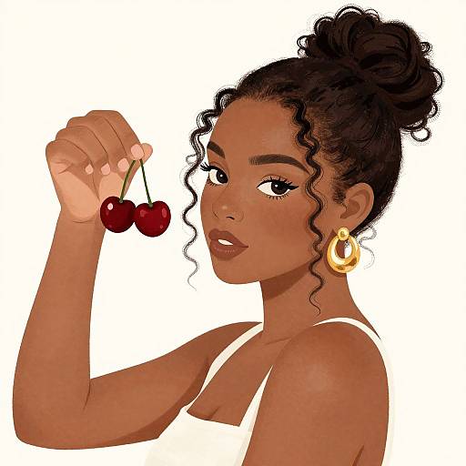 Digital illustration of a dark-skinned woman with curly hair in a bun, gold hoop earrings, white top, holding two red cherries near her lips