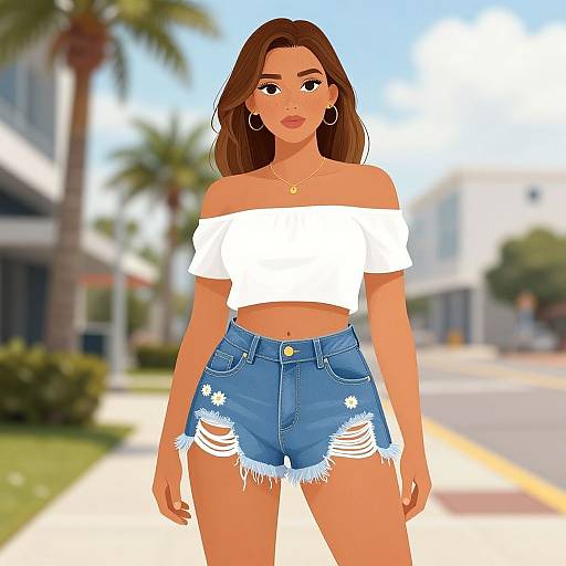 Digital illustration of a tan-skinned woman with brown hair, wearing a white off-shoulder crop top and distressed blue denim shorts, standing on a