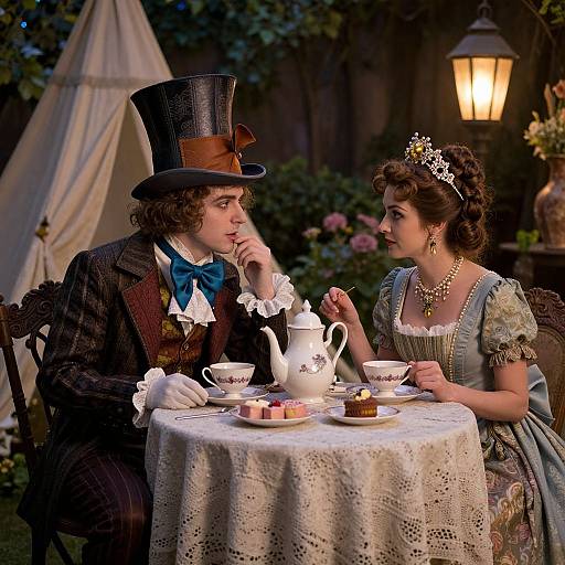 Victorian-era couple in formal attire, top hat and tiara, sit at a lace-covered table with tea set and desserts, under a lantern in