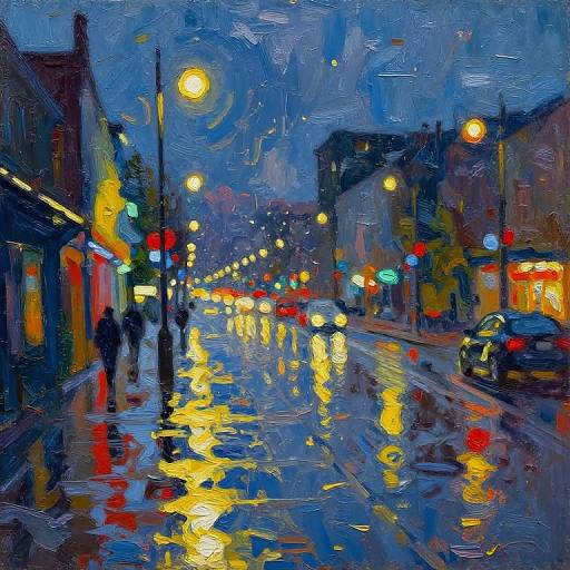 Impressionist-style painting of a rainy city street at night, with vibrant blue, yellow, and red lights reflecting on wet pavement.