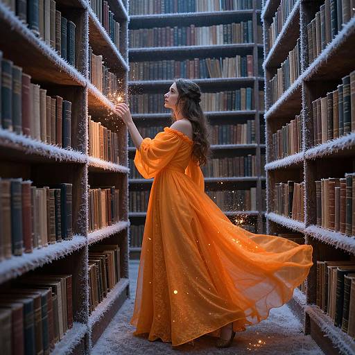 Photograph of a woman in a flowing, orange off-shoulder dress, sparking a match in a snow-dusted, illuminated library aisle.