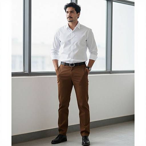 Photograph of a serious-looking, dark-haired man with a mustache, wearing a white button-up shirt, brown pants, and black shoes, standing