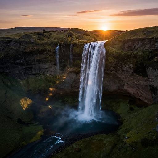 Photograph of a tall waterfall cascading into a dark pool at sunset, with a person silhouetted on the rocky cliff top, vibrant orange