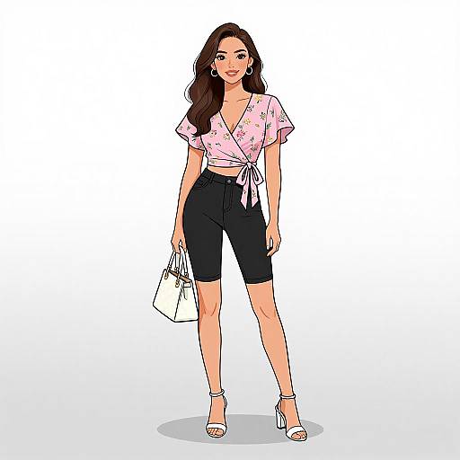 Digital illustration of a smiling brunette woman in a pink polka-dot tie-front top, black capri pants, white heels, and holding a white hand