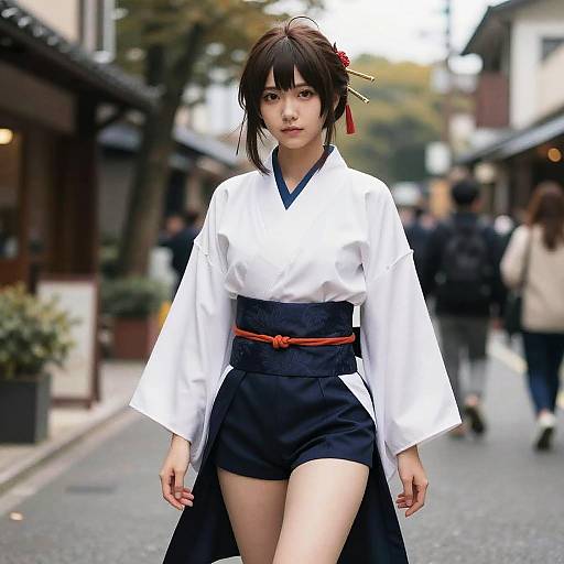 Photograph of an East Asian woman in a white kimono top and black shorts, red obi belt, with black hair and hairpins, walking