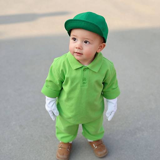 Photograph of a young boy in a green outfit, white gloves, brown shoes, and green cap, looking upwards with curious expression.