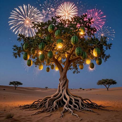 Photograph of a baobab tree in a desert at night, adorned with glowing lanterns and surrounded by vibrant fireworks against a clear blue sky.