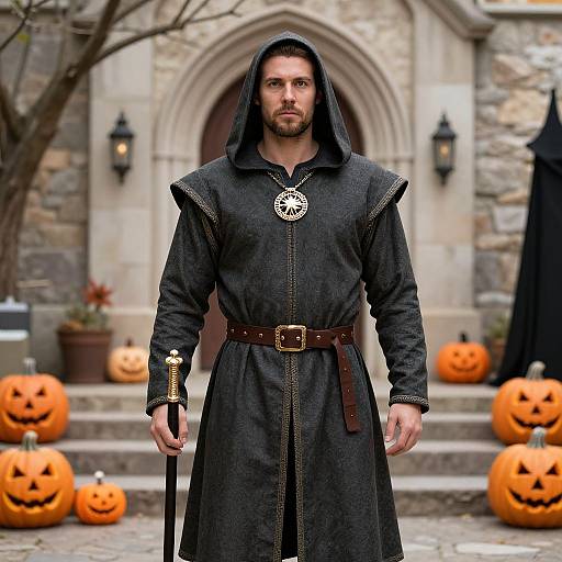 Photograph of a muscular man with dark hair and beard, wearing a black hooded robe with a belt, standing in front of a stone building adorned