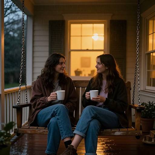 Photograph of two women with long brown hair, wearing brown jackets and jeans, sitting on a wooden swing, holding white mugs, smiling, in