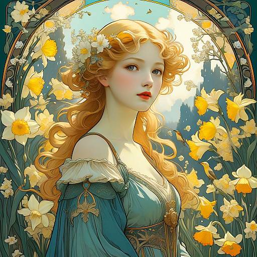 Art Nouveau Woman with Daffodils
