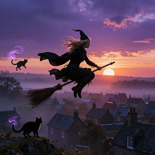 Blonde Witch Flying Over Foggy Village