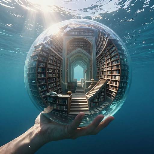 Surreal Library Orb with Ocean Hand