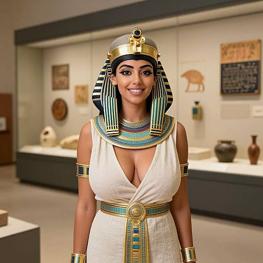 Photorealistic digital artwork of an Egyptian woman in a white, low-cut dress, striped headdress, and gold accessories, smiling in a museum exhibit