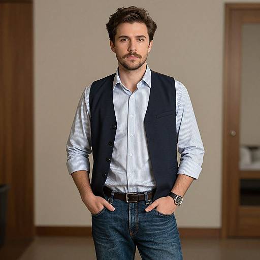 Photograph of a handsome, bearded man with short, dark hair, wearing a white striped shirt, black vest, blue jeans, and a watch