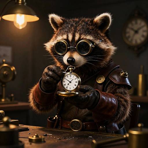 Steampunk Raccoon Clockmaker in Workshop