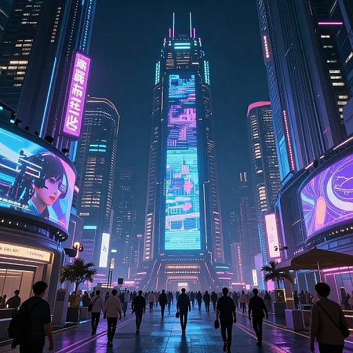 Neon-lit, futuristic city street at night, bustling with people. Tall skyscrapers display vibrant, glowing advertisements. Digital billboard shows an Asian