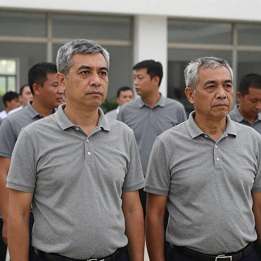 Group of Men in Gray Polo Shirts Indoors