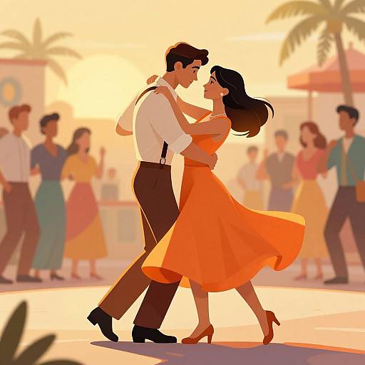 Digital illustration of a romantic dance couple in vibrant orange attire, surrounded by blurred, sunlit onlookers, with palm trees in the background.