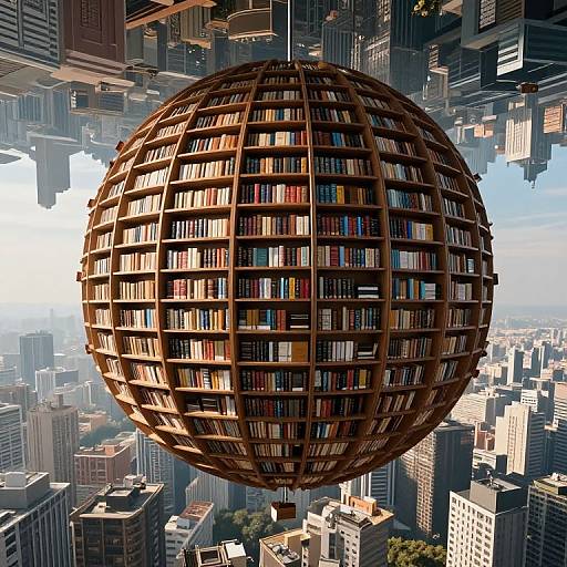 Digital artwork of a giant wooden globe filled with colorful books floating above a bustling, modern cityscape. Sunlight illuminates the globe's intricate grid.