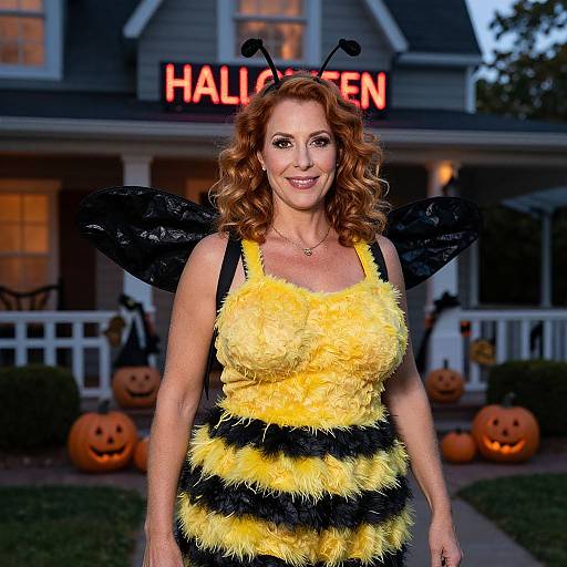 Photograph of a smiling middle-aged woman with curly red hair, wearing a yellow and black striped bee costume with wings, standing in front of a Halloween