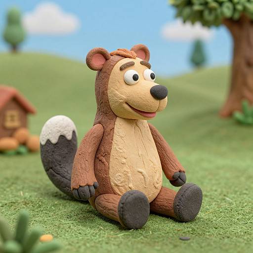 Digital 3D cartoon bear plush toy with brown fur, beige belly, black paws and tail tip, sitting on grassy field.