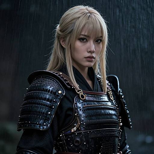 Photograph-like CGI of a serious blonde woman in black, shiny, textured samurai armor, standing in the rain with intense gaze.