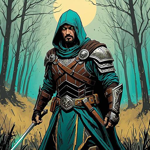 Mystical Rogue in Enchanted Forest Dawn