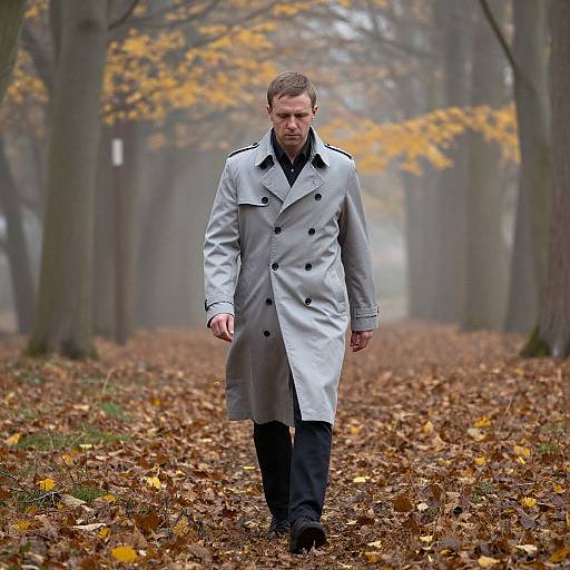 Photograph of a serious, middle-aged man in a gray trench coat walking through a foggy, autumn forest covered in brown leaves.