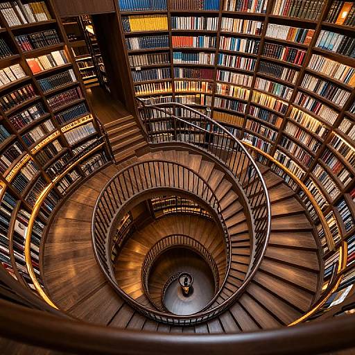 Photograph of a spiral staircase in a library, with colorful bookshelves forming a circular pattern around the wooden steps. Warm lighting highlights the wood and