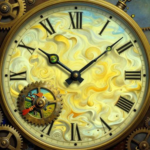 Steampunk clock with glowing, swirling yellow and white flames, black Roman numerals, intricate gears, and a small, colorful gear inset.