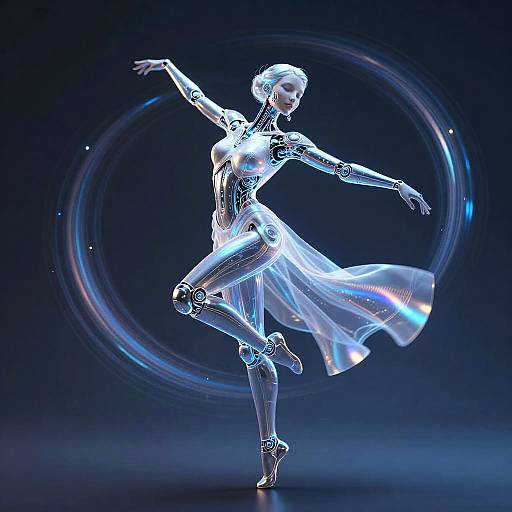 Digital CGI of a futuristic, glowing, silver robotic ballerina with intricate circuit patterns, floating translucent dress, and dynamic circular light trail in a dark