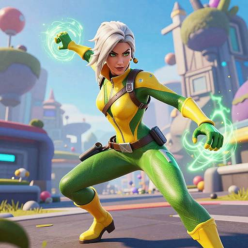 CGI image of a white-haired woman in a green and yellow superhero suit, glowing energy rings, dynamic pose, colorful city background.