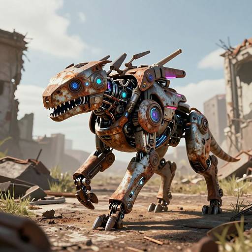 Photorealistic CGI of a rusty, robotic, dinosaur-like creature with glowing blue eyes and mechanical limbs, standing in a ruined, debris-filled wasteland