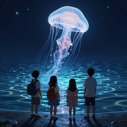 Digital illustration of three children, silhouetted, watching a glowing blue jellyfish above a starry, reflective water surface.