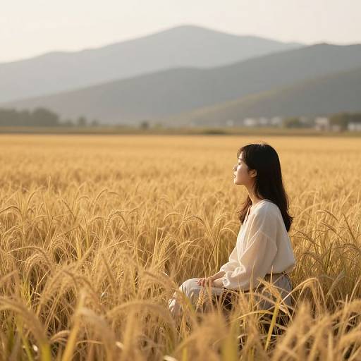Photograph of an Asian woman with long black hair, wearing a white blouse, sitting in a golden wheat field at sunset, with mountains in the background