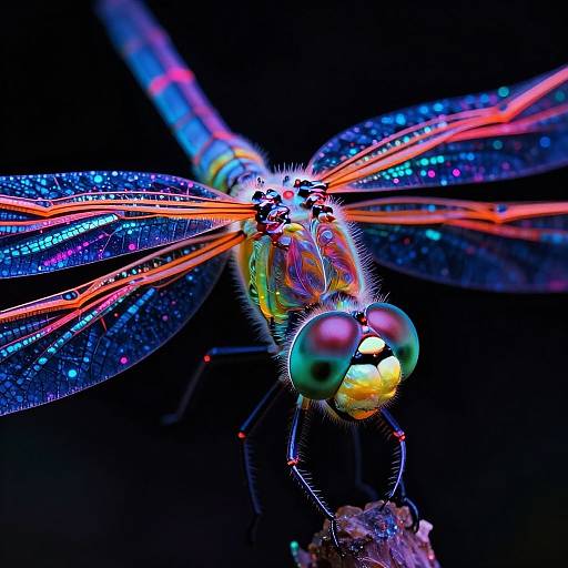 Close-up photograph of a vibrant dragonfly with iridescent blue, red, and purple wings, large compound eyes, and detailed texture against a black