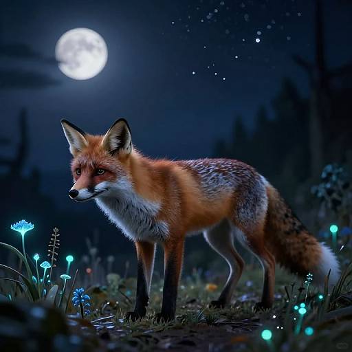 Photorealistic digital artwork of a red fox standing in a moonlit forest, surrounded by glowing blue flowers under a starry night sky.