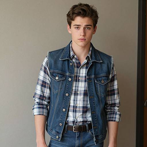 Photograph of a young Caucasian man with short brown hair, wearing a denim vest over a plaid shirt, standing against a plain gray wall. Casual