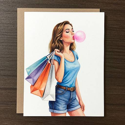 Digital illustration of a blonde woman in a blue shirt and denim shorts, blowing pink bubblegum, holding colorful shopping bags.