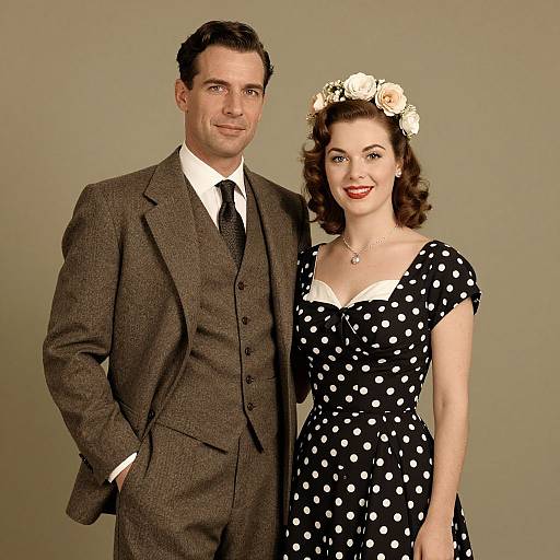 Photograph of a 1940s-style couple; man in brown tweed suit, black tie, white shirt; woman in black polka dot