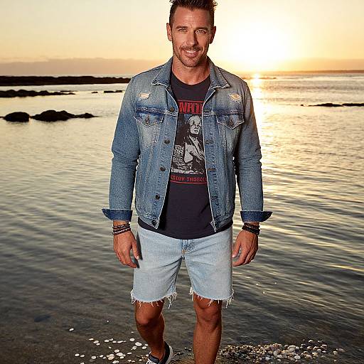 Photograph of a smiling man with short brown hair, wearing a worn denim jacket, black graphic tee, and frayed denim shorts, standing in shallow
