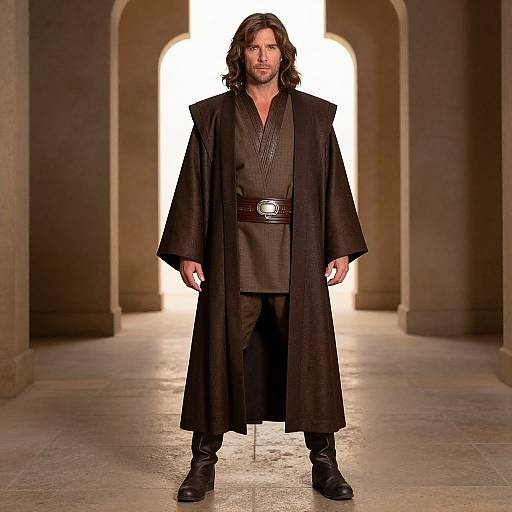 Photograph of a man with long brown hair, wearing a black long coat, black shirt, and black pants, standing in a brightly lit, ar