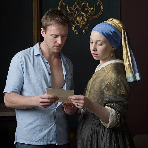 Modern man in open shirt and woman in Renaissance dress examine a letter together, standing before an ornate, dark background.