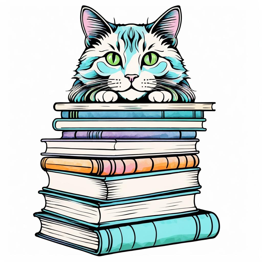 Whimsical Cat on Stack of Books