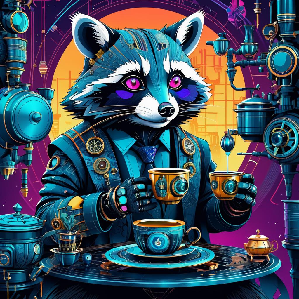 Whimsical Cyberpunk Raccoon Tea Illustration