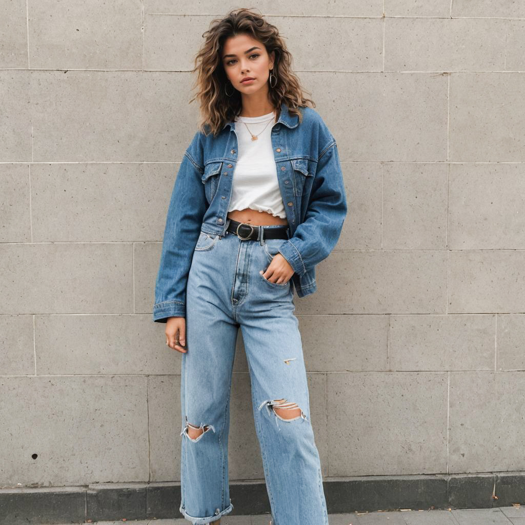 90s Fashion: High Waist Woman in Baggy Jeans