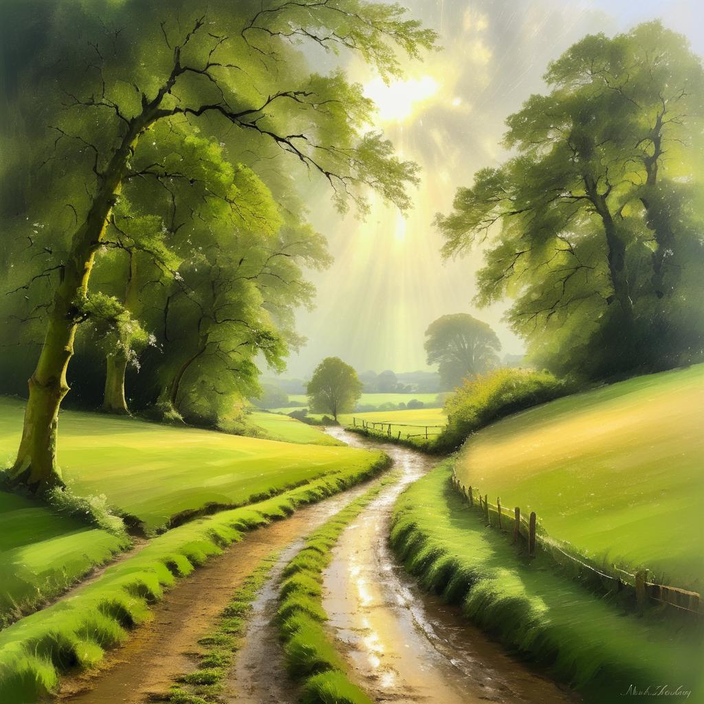 Sunlit Countryside Path in Rain