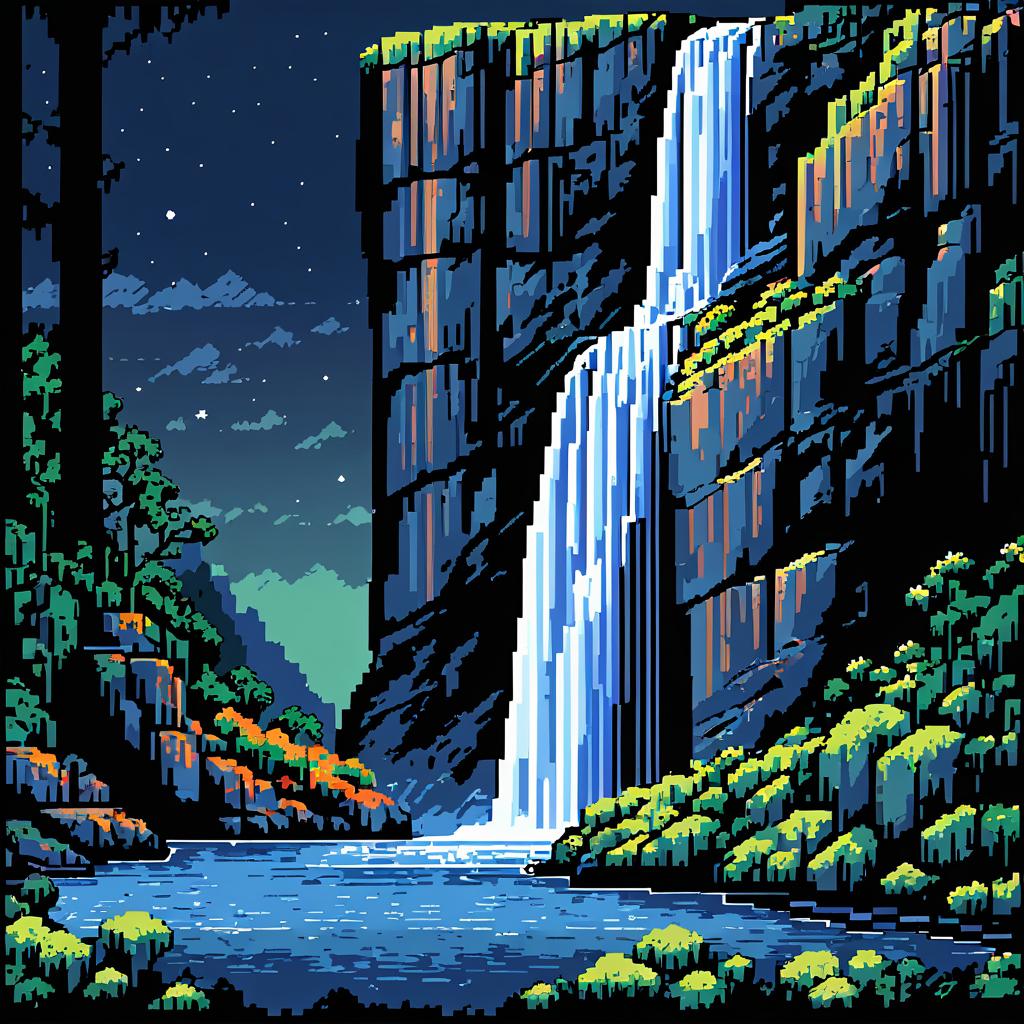 Midnight Waterfall Gorge in Pixel Art